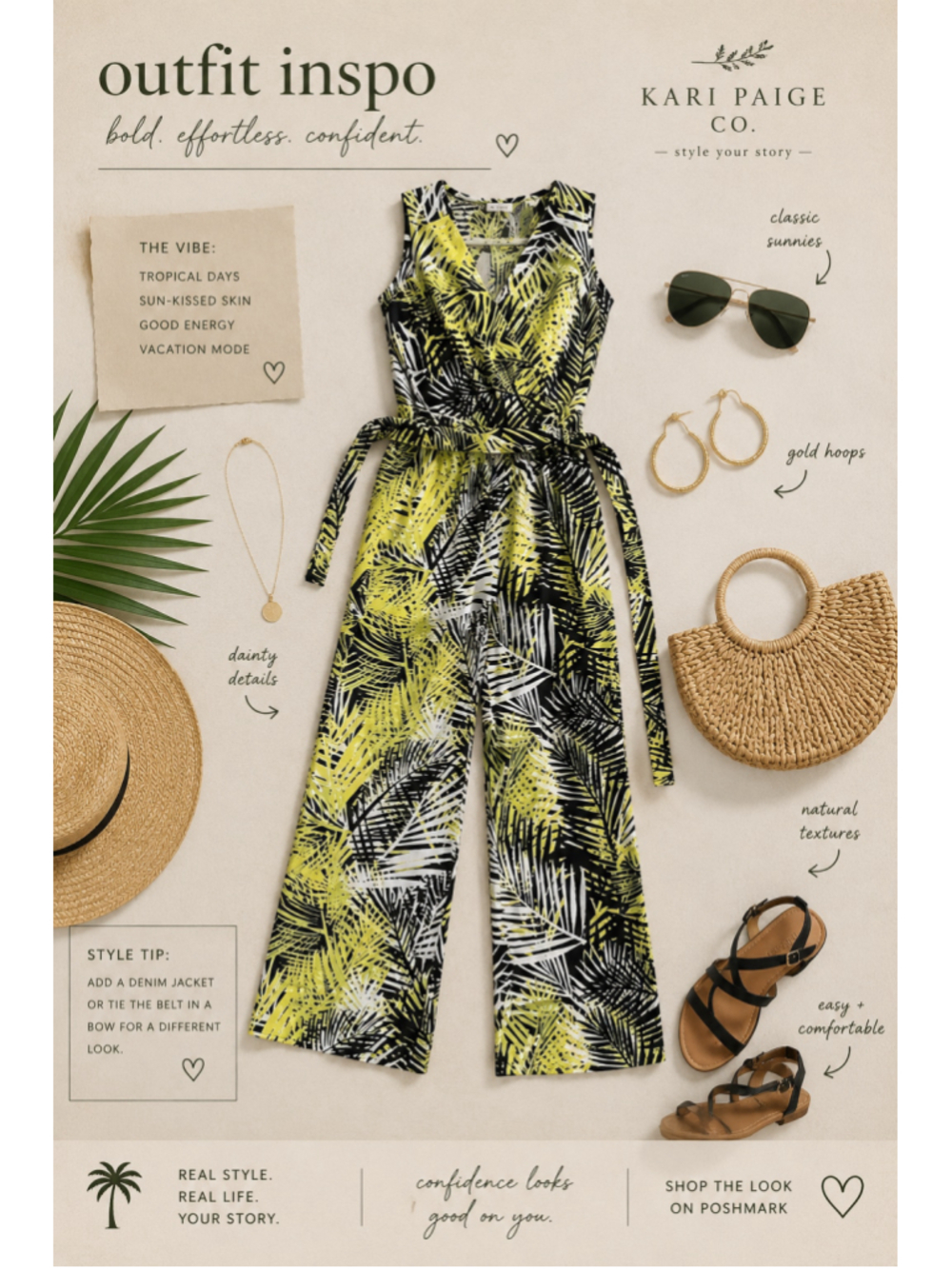 Women's Tacera Jumpsuit Size S Yellow Black Palm Print Fall